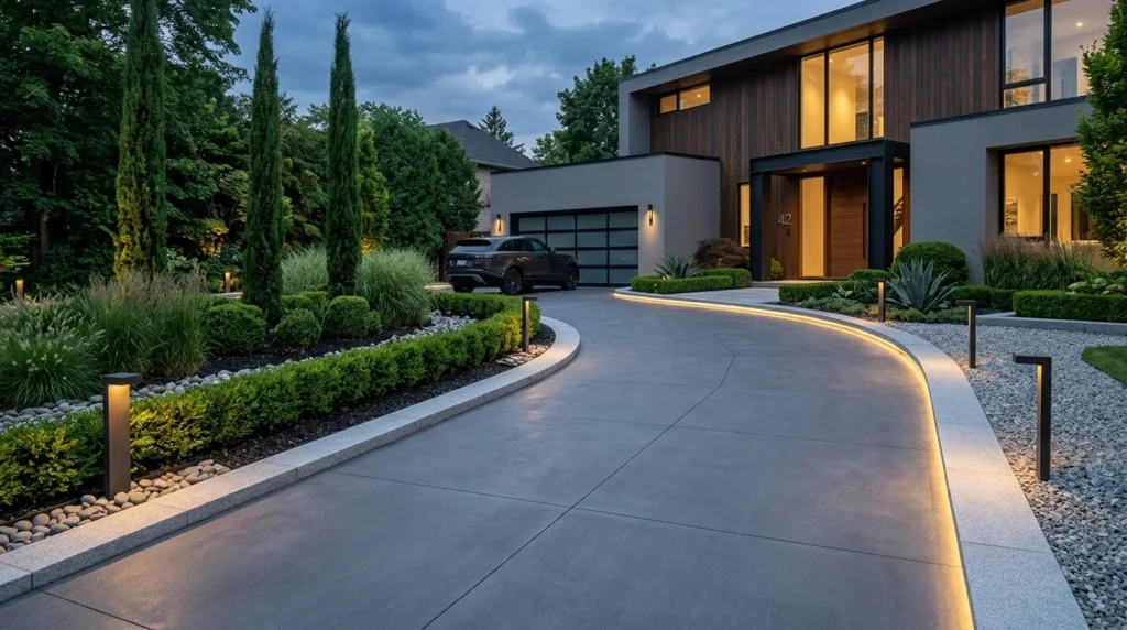 Modern minimalist driveway landscaping with clean stone borders and trimmed greenery
