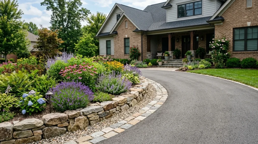 Driveway landscaping with natural stone edging and flower beds