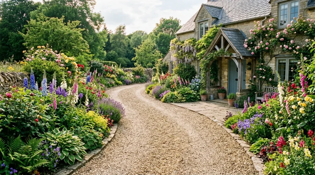 Driveway lined with colorful flowers and lush garden landscaping