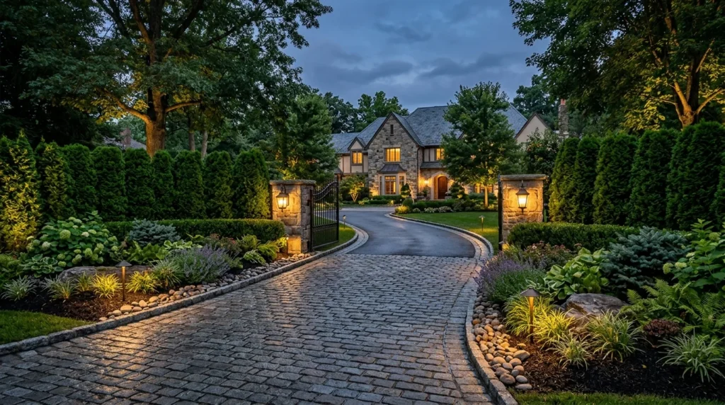 Driveway bordered with evergreen hedges and luxury outdoor landscaping