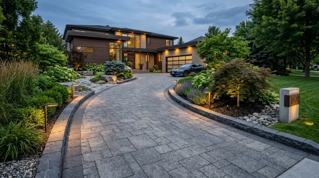 Modern driveway with stone borders, greenery, and luxury outdoor landscaping