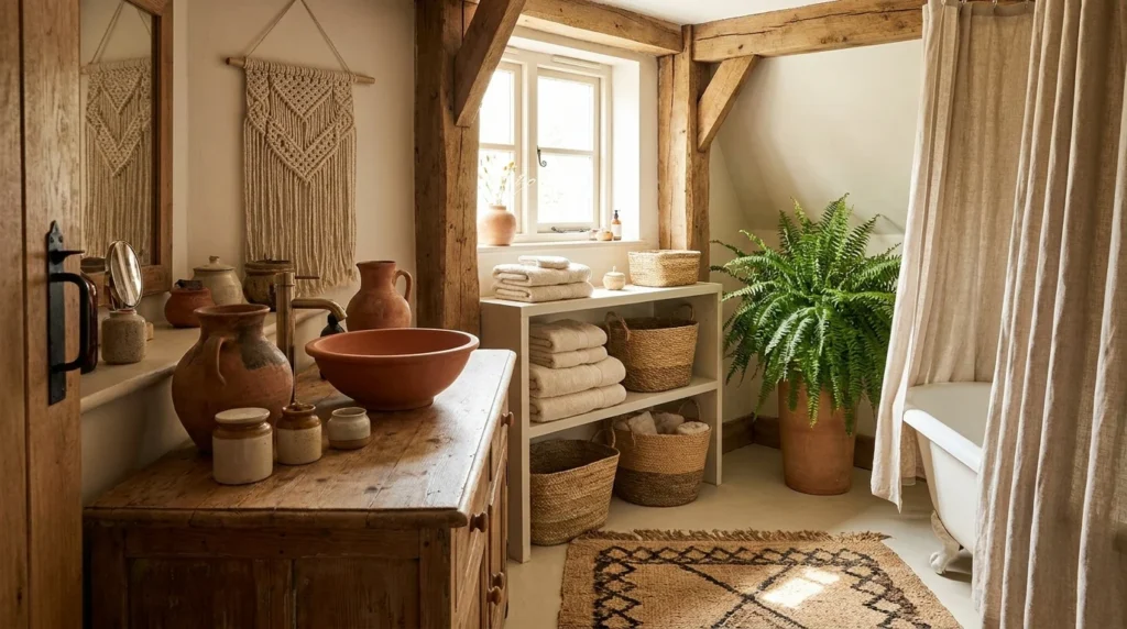 Earthy boho bathroom with clay decor, wooden textures, and cozy styling