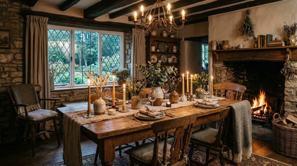 Earthy cottage dining room with wooden table, candles, and cozy natural textures