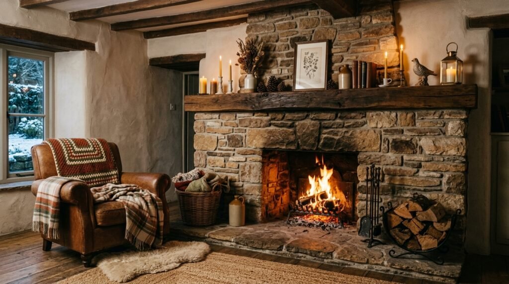 Earthy cottage fireplace with natural stone, cozy blankets, and warm lighting