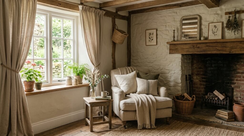 Earthy cottage interior with linen curtains and warm natural lighting