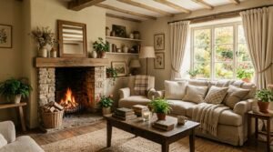 Earthy cottage living room with beige decor, wooden furniture, and cozy layered textures