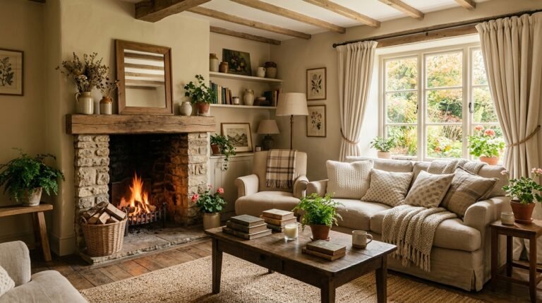 Earthy cottage living room with beige decor, wooden furniture, and cozy layered textures