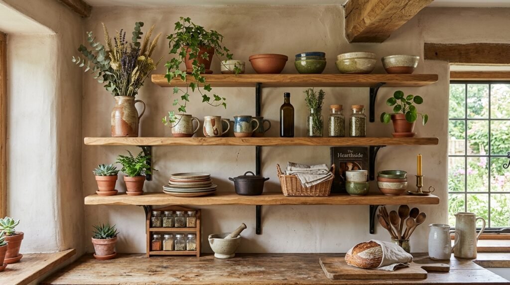 Wooden open shelving with pottery decor and earthy cottage styling