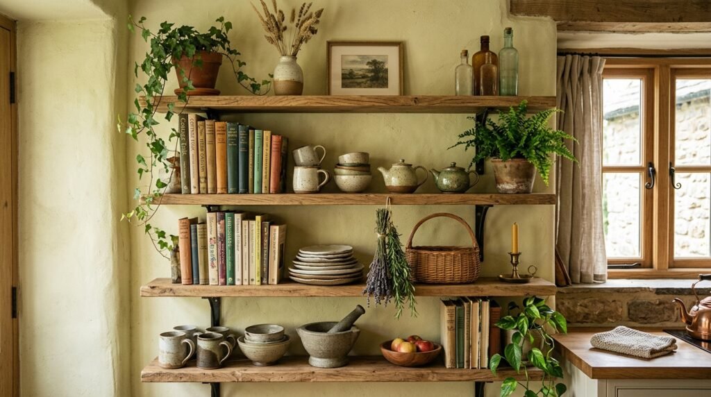 Earthy cottage shelving with wooden shelves, greenery, and rustic decor