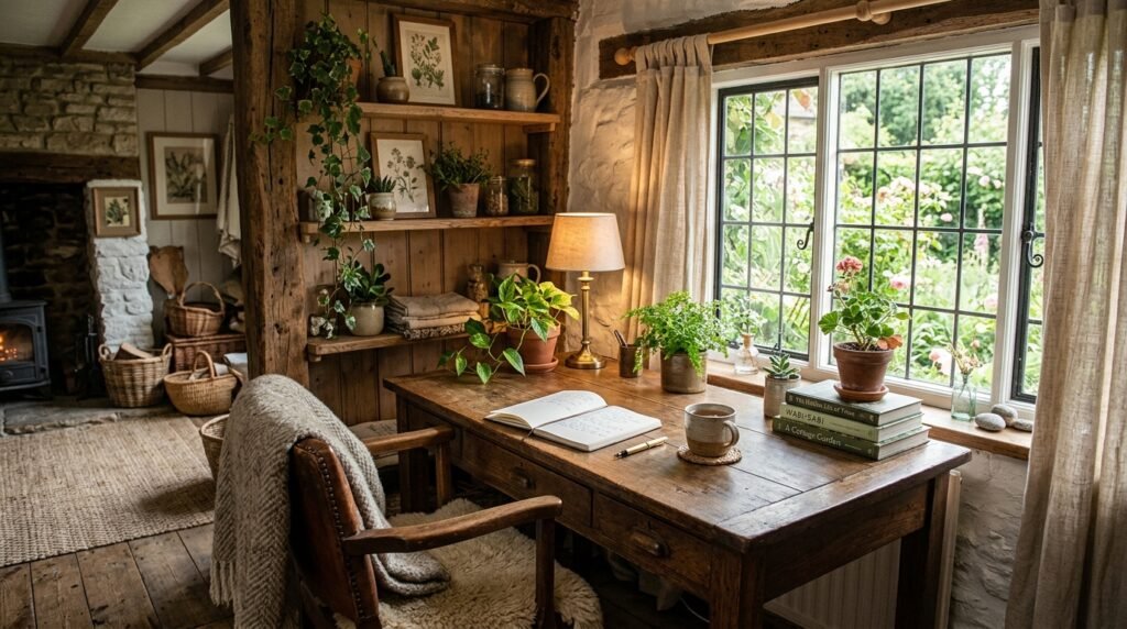 Earthy cottage workspace with wooden desk and warm neutral decor