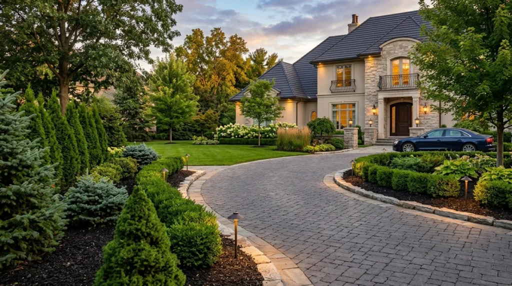 Elegant driveway landscaping with evergreen shrubs and pathway lighting