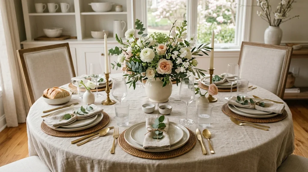 elegant spring dining table decor fresh flowers neutral chic aesthetic