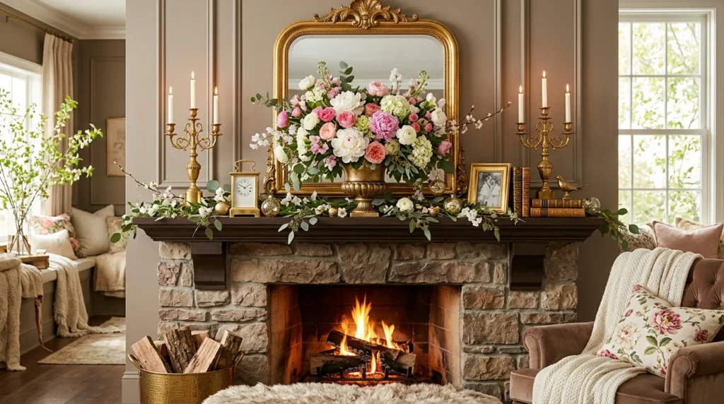 elegant spring mantel decor gold accents flowers luxurious cozy aesthetic