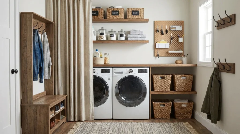 Small entryway mudroom laundry combo with slim bench and floating shelves