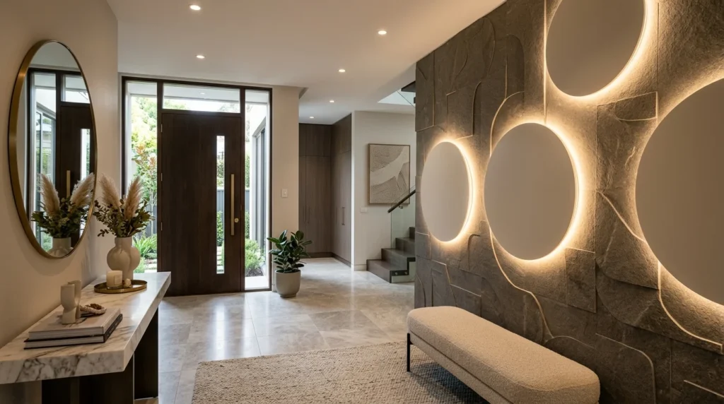 Modern entryway with hidden circular LED wall lighting and textured panels