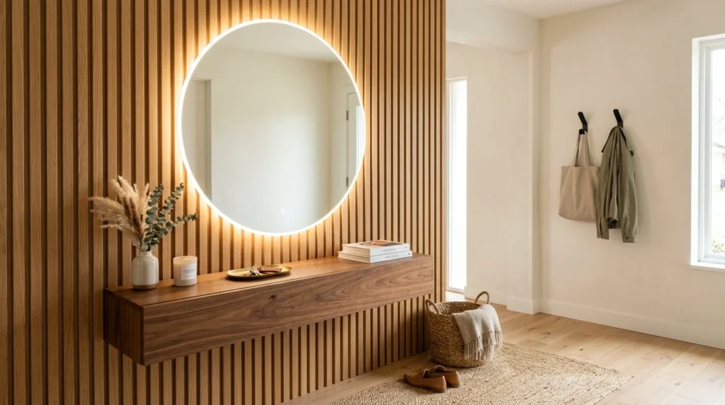 Modern entryway with round LED mirror and vertical wood slat wall