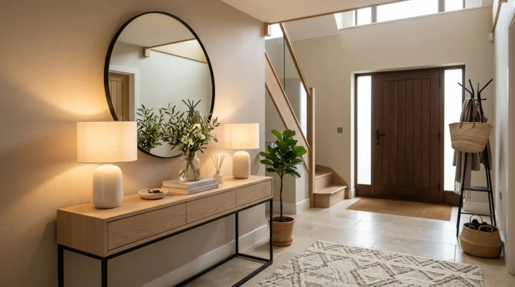 Neutral modern entryway with beige decor and elegant console styling