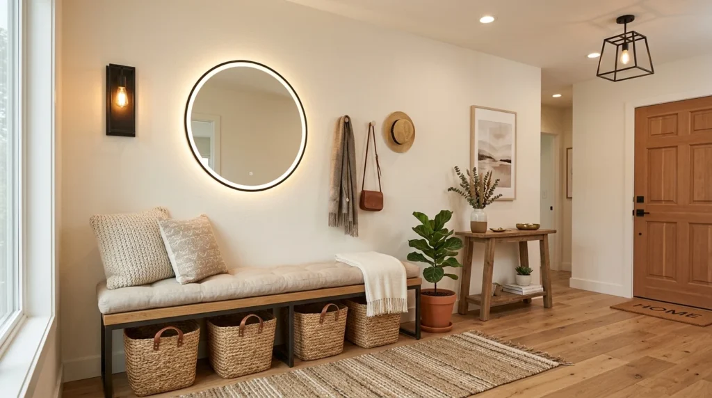 Modern entryway with bench seating and circular LED mirror