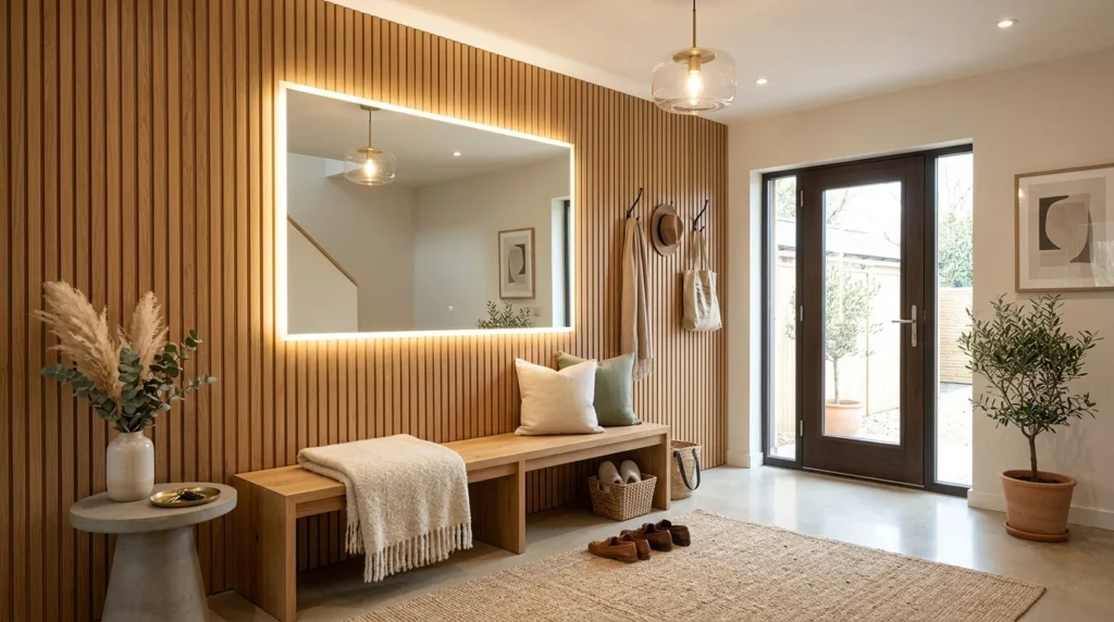 Entryway with bench seating, LED mirror, and cozy wood slat wall decor
