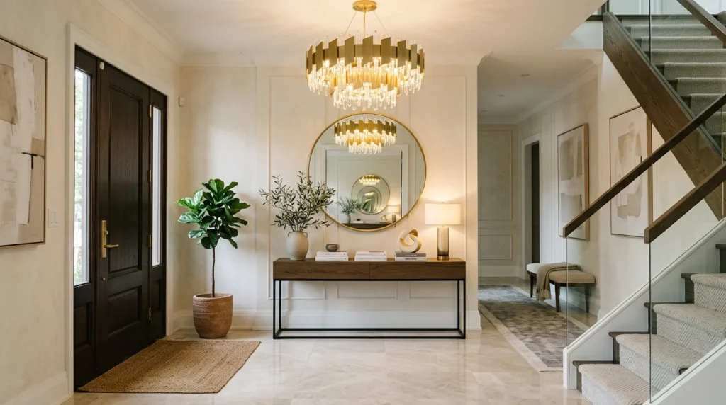 Elegant modern entryway with chandelier lighting and luxury decor