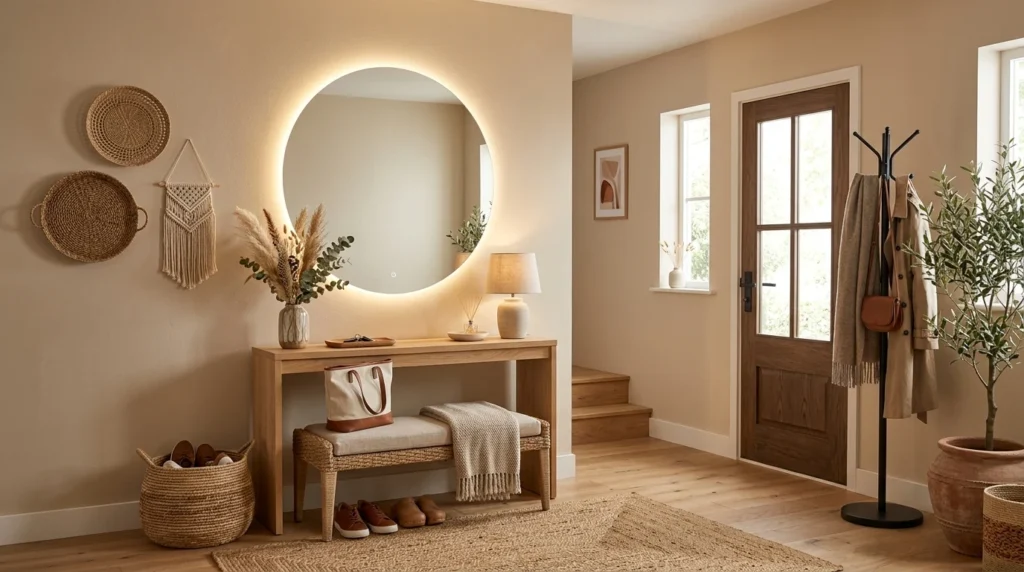 Neutral beige entryway with circular LED mirror and cozy earthy decor