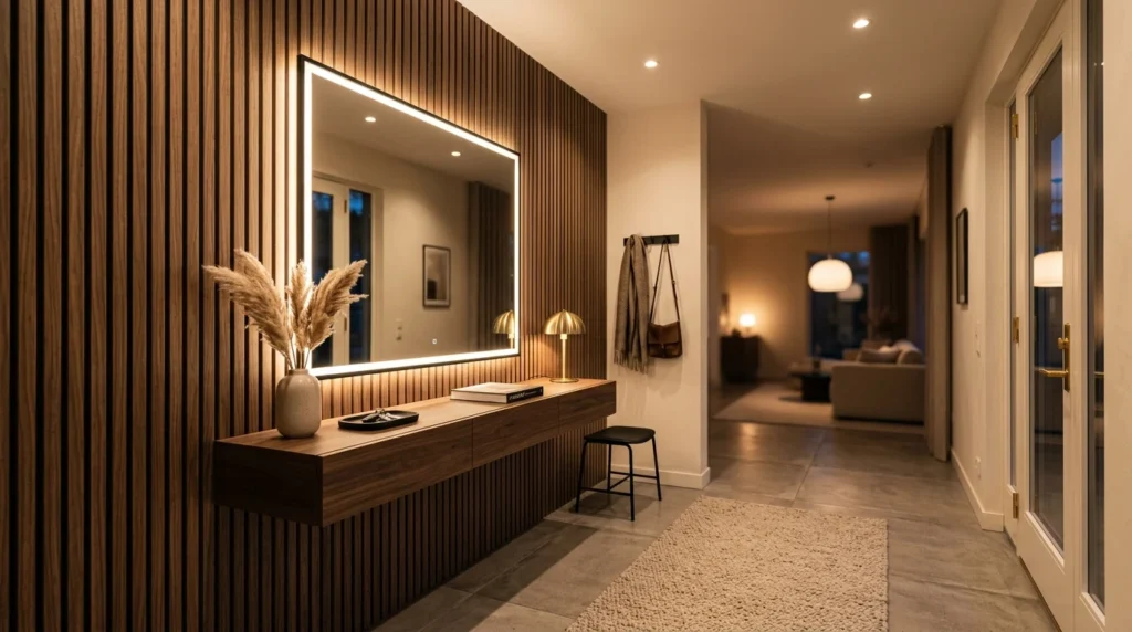 Modern entryway with floating console, LED mirror, and wood slat wall