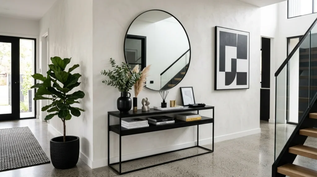 Modern black and white entryway with sleek furniture and statement mirror