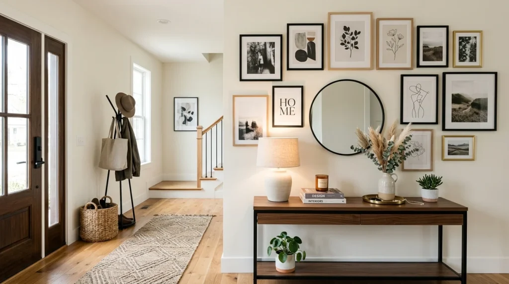 Modern entryway with gallery wall artwork and stylish console table