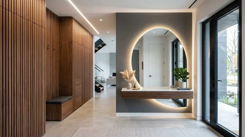 Modern entryway with hidden storage, LED mirror, and wood slat panels