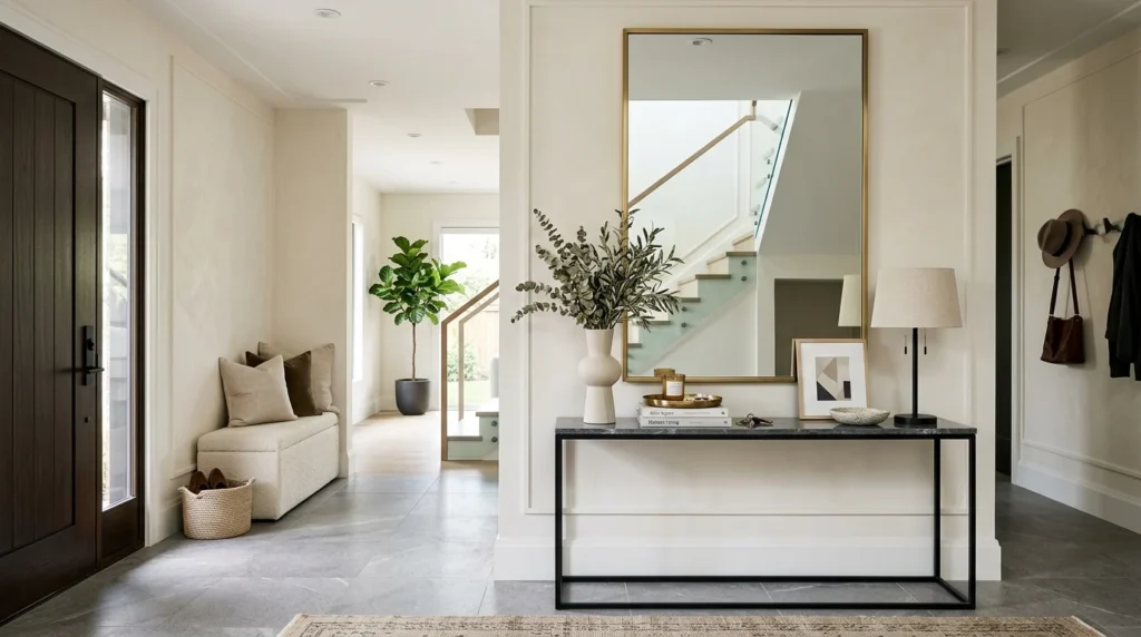 Modern entryway with large statement mirror and sleek console table