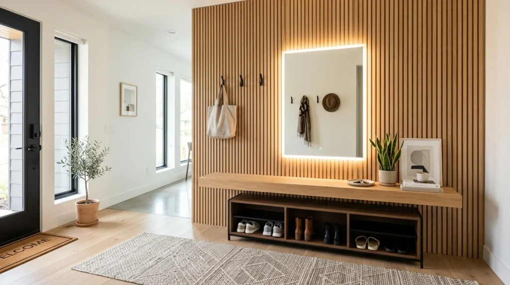 Modern entryway with shoe storage, LED mirror, and floating bench