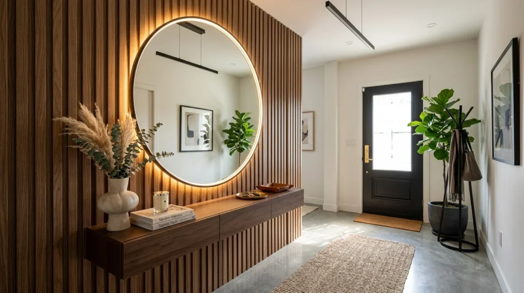 Entryway with vertical wood panels and circular LED mirror feature wall