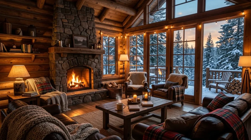 Family cabin vacation with cozy fireplace and relaxing forest scenery