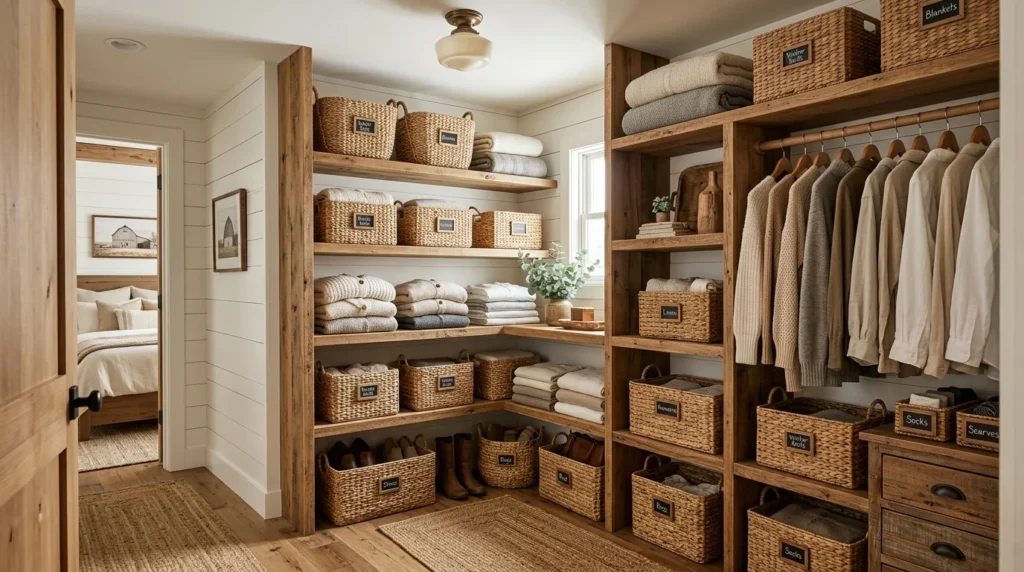Farmhouse closet with wooden shelves, woven baskets, and cozy storage design