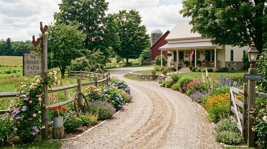 Farmhouse driveway landscaping with gravel path, flowers, and rustic decor