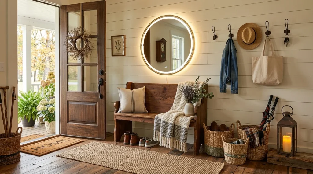 Farmhouse entryway with circular LED mirror, wooden bench, and rustic decor