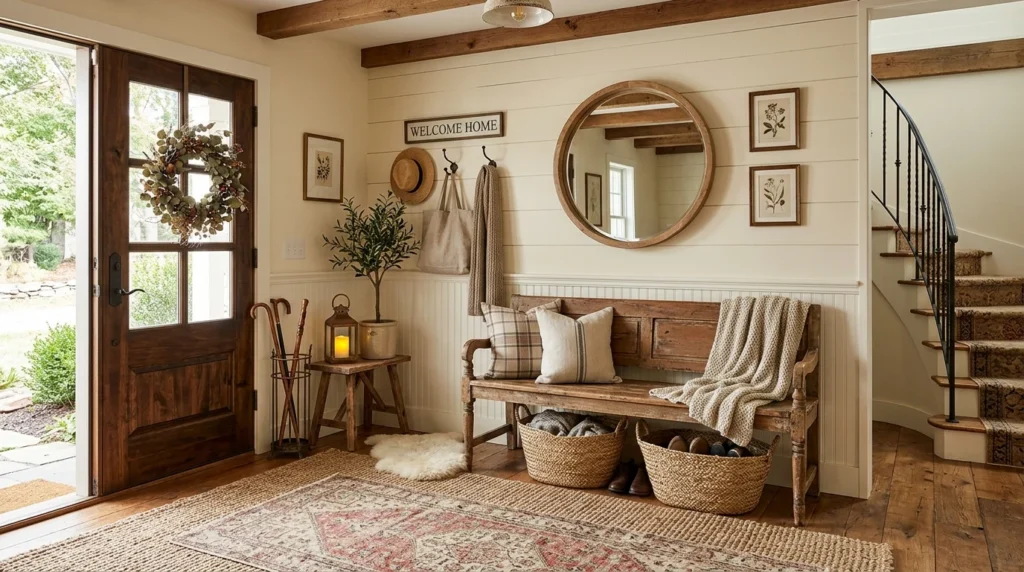 Cozy farmhouse entryway with wooden bench, lanterns, and woven baskets
