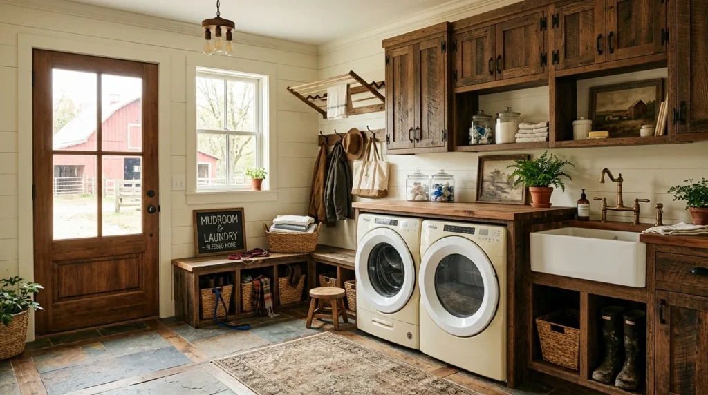 farmhouse mudroom laundry combo wood cabinets rustic cozy design