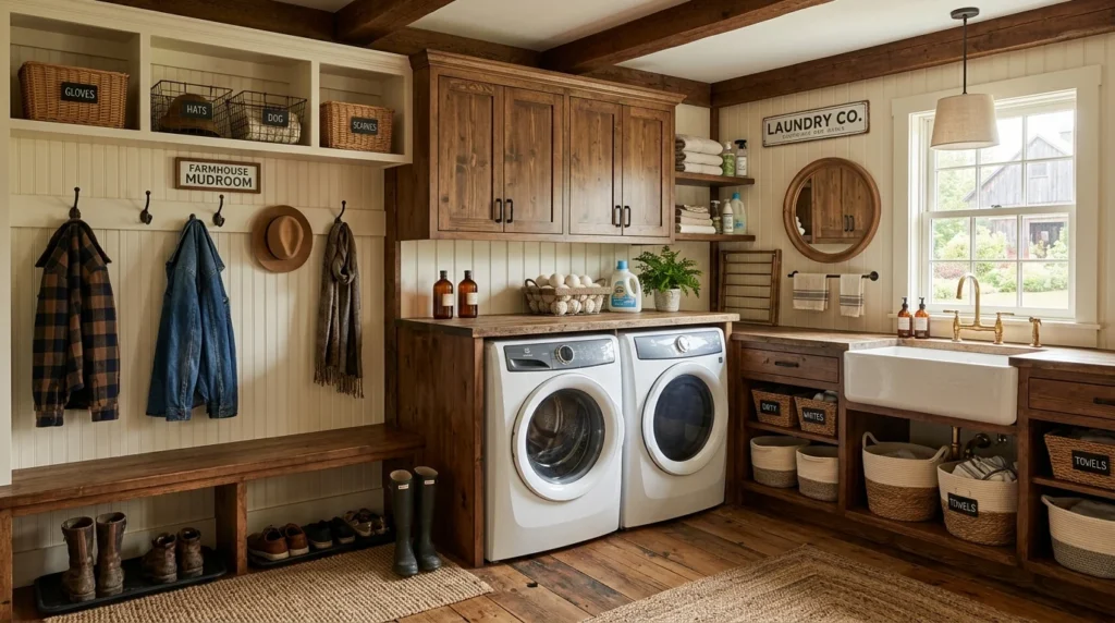 farmhouse mudroom laundry combo wood accents baskets rustic cozy design