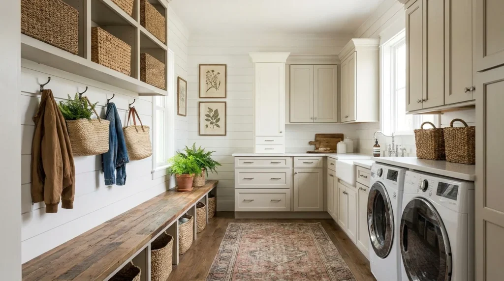 Farmhouse mudroom laundry combo with wooden bench, woven baskets, and shiplap walls