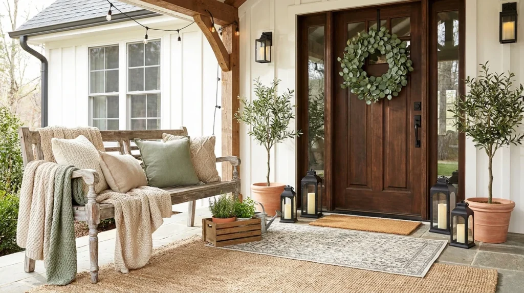 Cozy farmhouse spring porch with lanterns, layered rugs, and rustic wooden bench