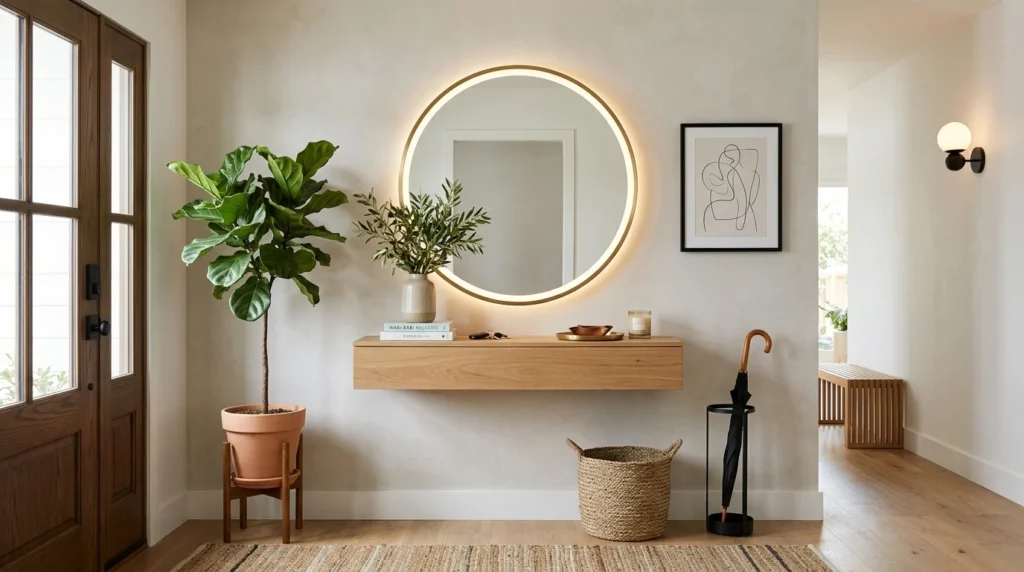 Floating console entryway with circular LED mirror and stylish modern decor