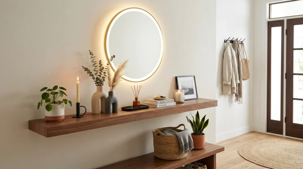 Floating shelf entryway with circular LED mirror and minimalist decor
