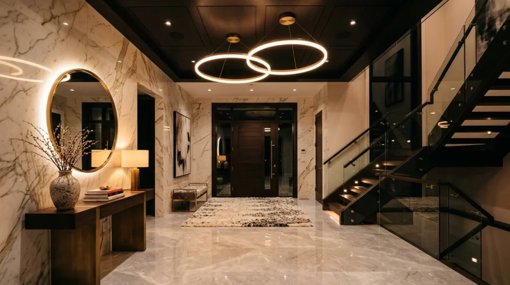 Modern foyer with double ring circular LED ceiling lighting and luxury interior