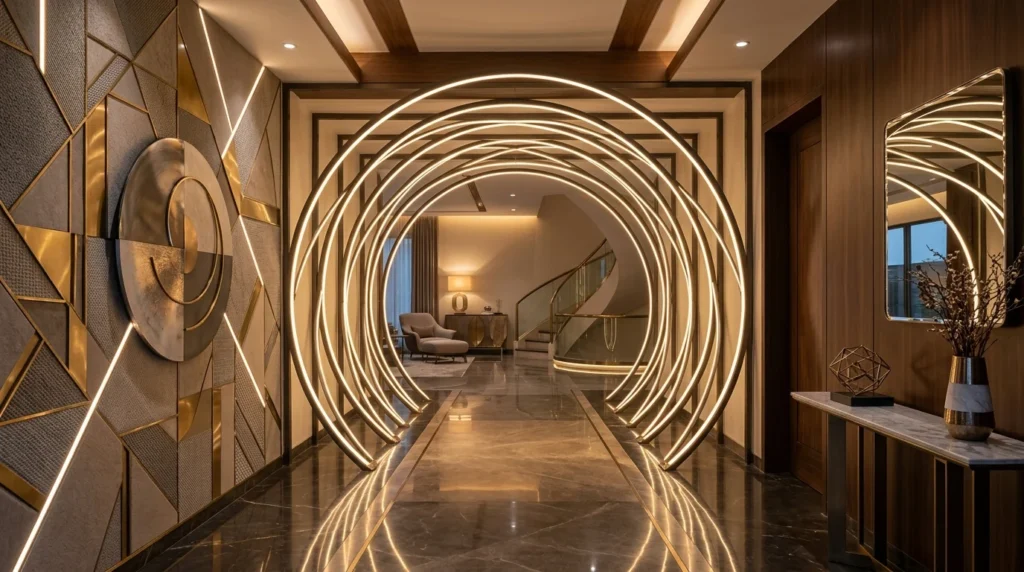 Geometric circular LED entryway with artistic wall lighting and modern interior