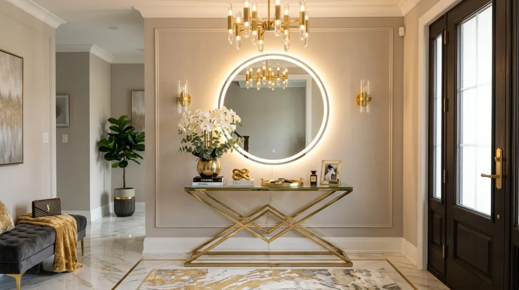 Modern glam entryway with circular LED mirror and gold decor accents