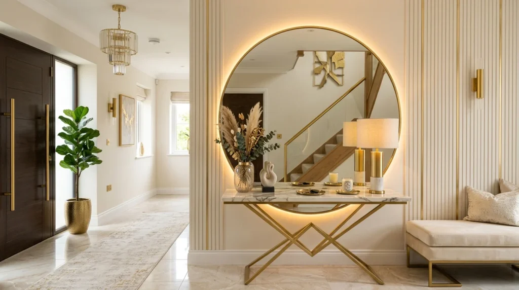 Luxury gold accent entryway with circular LED mirror and marble console