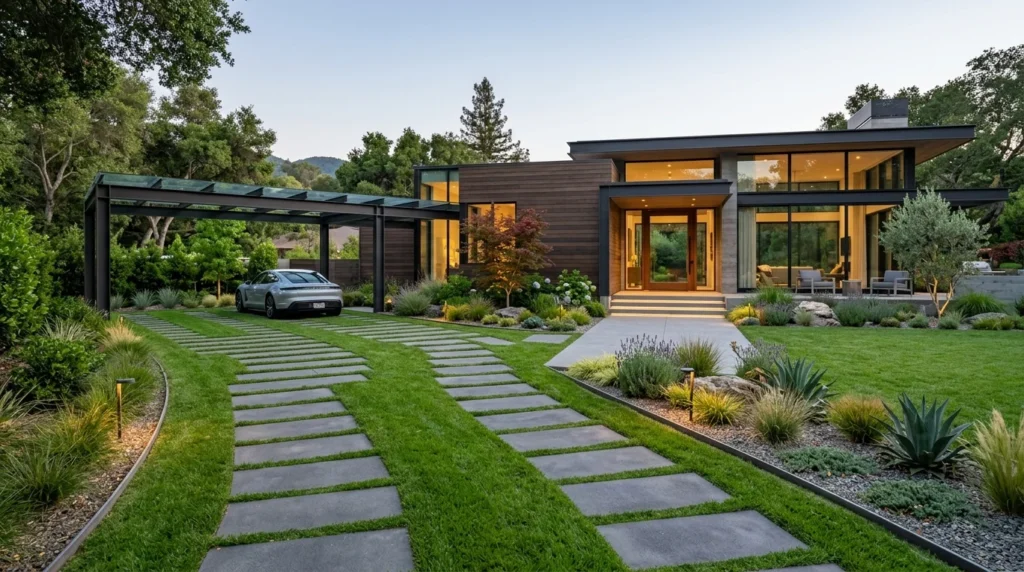 Modern grass strip driveway with concrete pavers and minimalist landscaping