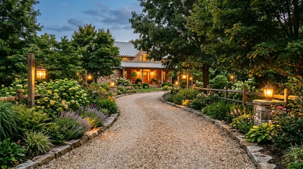 Rustic gravel driveway with stone edging and farmhouse landscaping