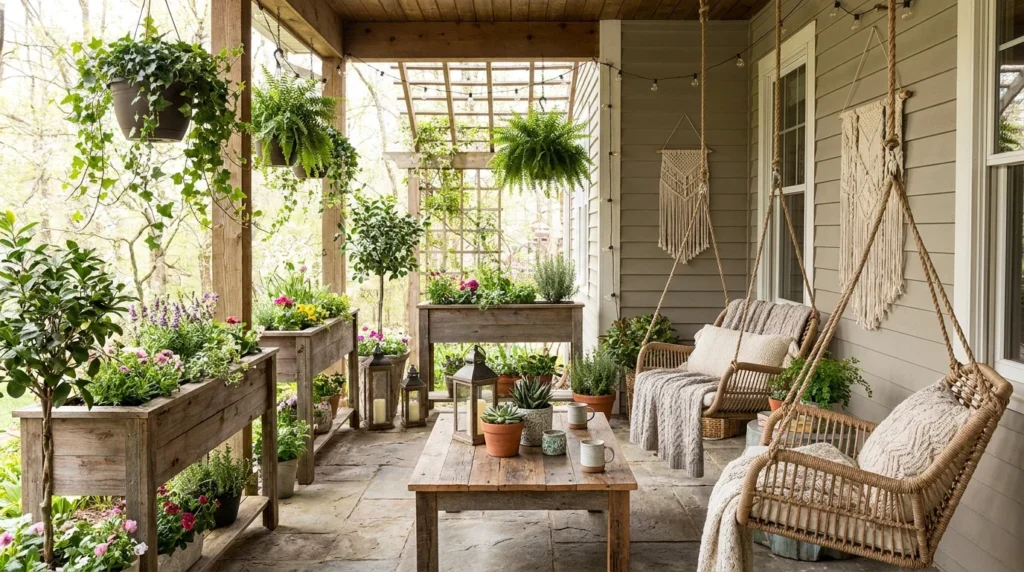 Spring porch filled with greenery, hanging ivy, and natural outdoor decor